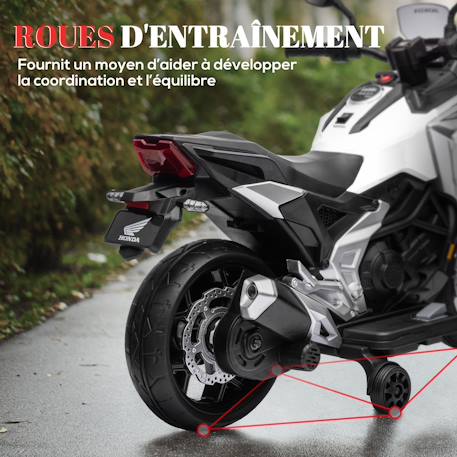 Moto électrique enfant honda nc750x - musiques, feux av led, entrée usb mp3 jack - 2 roues auxiliaires Blanc+Bleu+Rouge 6 - vertbaudet enfant 