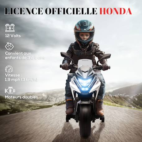 Moto électrique enfant honda nc750x - musiques, feux av led, entrée usb mp3 jack - 2 roues auxiliaires Blanc+Bleu+Rouge 4 - vertbaudet enfant 