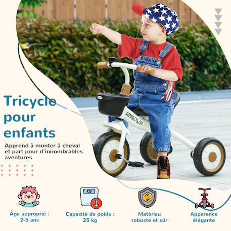 Tricycle enfant multi-équipé garde-boue sonnette panier pédales antidérapantes siège réglable avec dossier Blanc+Bleu+Rose+Vert 4 - vertbaudet enfant 