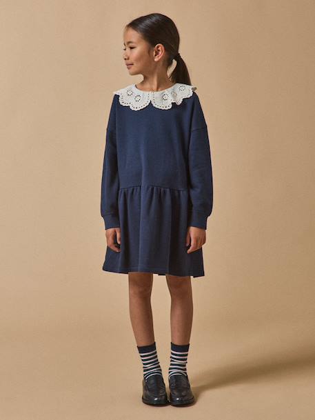 Robe grand col brodé - coton biologique Ecru chine+Marine 7 - vertbaudet enfant 
