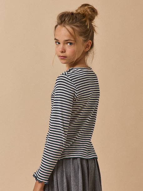T-shirt en pointelle fille - coton biologique Rayure marine/ecru 4 - vertbaudet enfant 