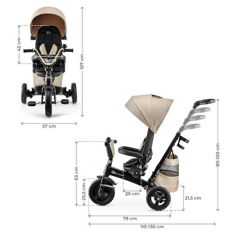 Tricycle Évolutif Kinderkraft EASYTWIST 5 en 1 avec Siège Rotatif 360°, Roues PU Increvables et Capote UPF50+ Beige+Gris+Noir+Vert 6 - vertbaudet enfant 