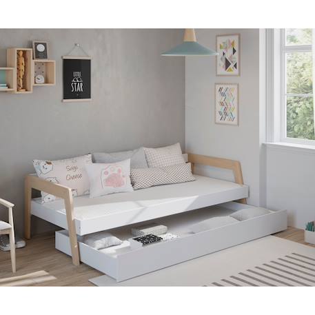 Lit avec tiroir 2 couchages - gamme emy Blanc+Vert kaki 3 - vertbaudet enfant 