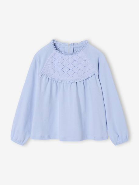 Tee-shirt blouse fille détail broderie anglaise manches longues bleu pâle+écru+marine+mauve+vert foncé 1 - vertbaudet enfant 