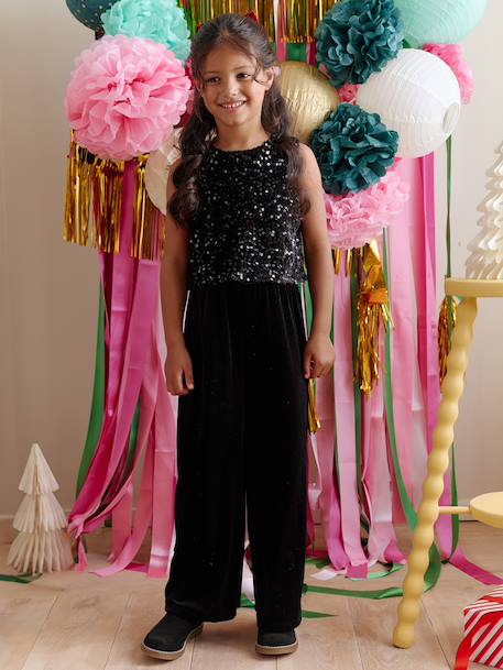 Combinaison fille bi-matière sequins et velours noir 1 - vertbaudet enfant 