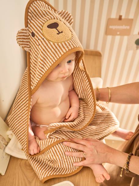 Cape de bain et gant de toilette PETIT OURS, avec coton recylé rayé beige 1 - vertbaudet enfant 