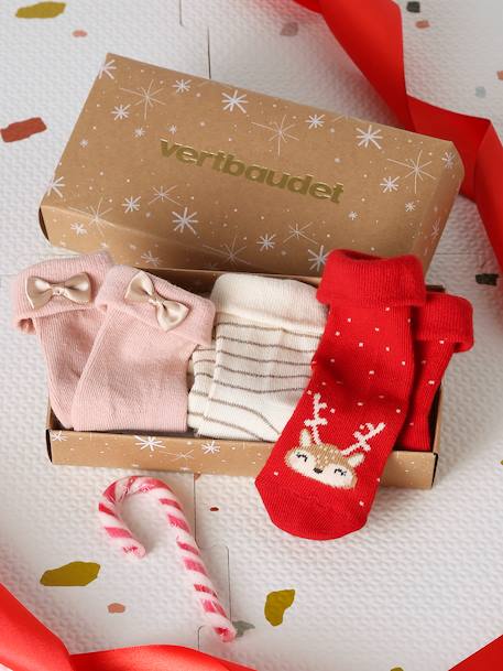 Coffret de 3 paires de chaussettes Noël bébé rose poudré 1 - vertbaudet enfant 