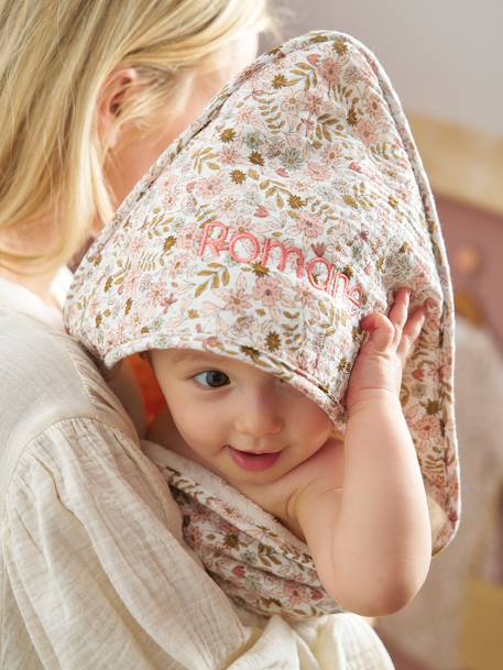 Cape de bain gaze de coton personnalisable + gant de toilette FLORA blanc imprimé 3 - vertbaudet enfant 