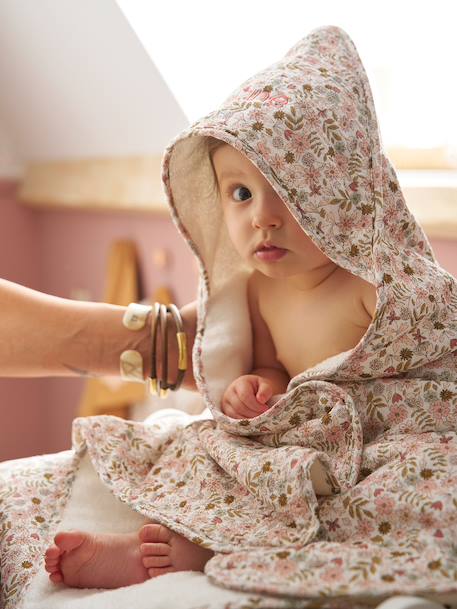 Cape de bain gaze de coton personnalisable + gant de toilette FLORA blanc imprimé 1 - vertbaudet enfant 