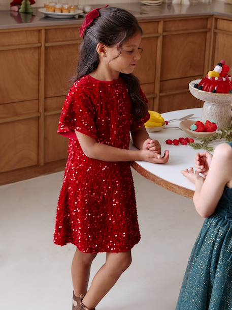 Robe fille en velours et sequins rouge 1 - vertbaudet enfant 