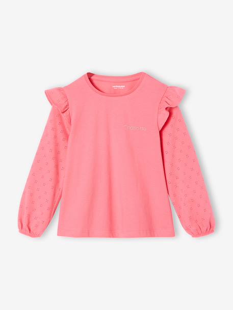 Tee-shirt blouse fille manches longues à volant personnalisable écru+rose 8 - vertbaudet enfant 
