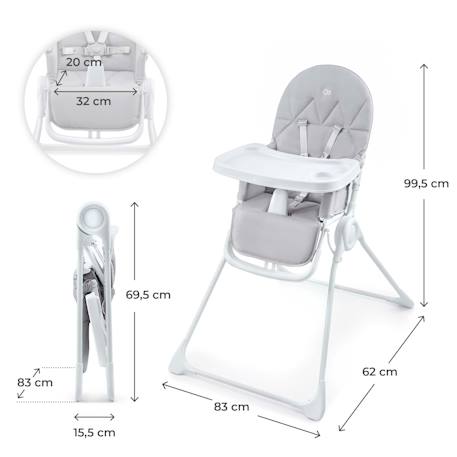 Chaise Haute Bébé Kinderkraft BINCI pliable et compacte avec plateau réglable, harnais 5 points et repose-pieds Beige+Grey+Light grey 18 - vertbaudet enfant 