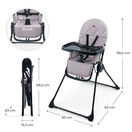 Chaise Haute Bébé Kinderkraft BINCI pliable et compacte avec plateau réglable, harnais 5 points et repose-pieds Beige+Grey+Light grey 12 - vertbaudet enfant 