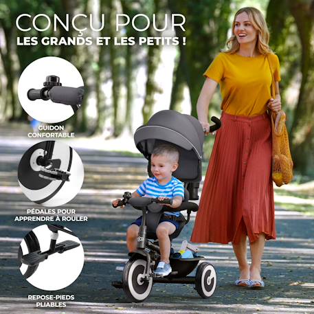 TP Toys Tricycle 4 En 1 Plus Deluxe – Évolutif 10-36 Mois – Poignée Parentale, Canopée UV, Roues Caoutchouc – Gris Tempête – 50 Kg Max
