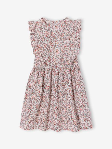 Robe fille en seersucker manches volantées blanc imprimé+carreaux rouge+vanille+vert sauge 1 - vertbaudet enfant 