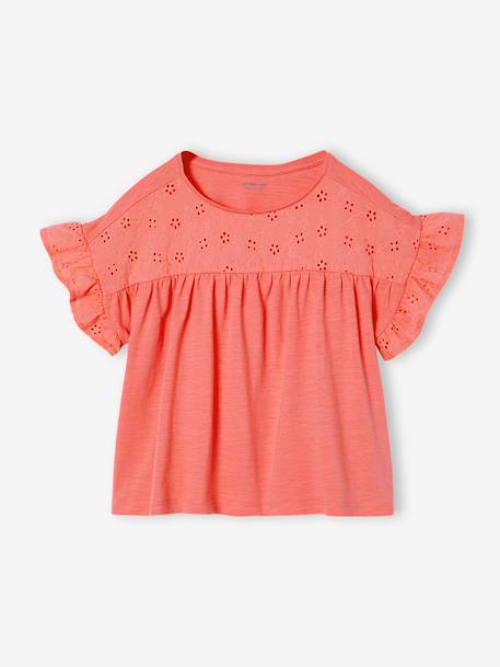 T-shirt fille manches détails brodés corail+écru+kaki 1 - vertbaudet enfant 
