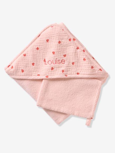 Cape de bain + gant de toilette MON COEUR rose imprimé 2 - vertbaudet enfant 