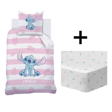 Parure de lit imprimée + drap housse 100% coton, stitch stripe Blanc, rose 1 - vertbaudet enfant 