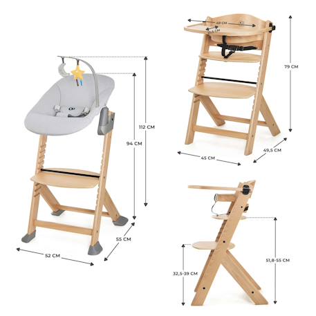 Chaise Haute Évolutive Kinderkraft ENOCK + CALMEE avec Transat Bébé, Assise Réglable, Design Scandinave et Bois de Hêtre Gris 6 - vertbaudet enfant 