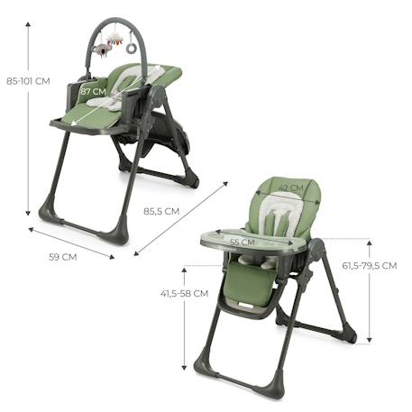 Chaise Haute Bébé TUMMIE 2 en 1 avec Fonction Transat, Réglage 7 Hauteurs, Double Plateau et Pliage Compact Beige+Gris+Vert 18 - vertbaudet enfant 