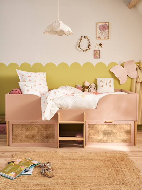 Lit enfant surélevé avec rangements cannage LIGNE POÉSIE rose nude 1 - vertbaudet enfant 