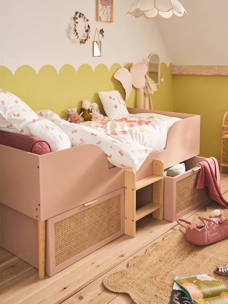 Lit enfant surélevé avec rangements cannage LIGNE POÉSIE rose nude 2 - vertbaudet enfant 