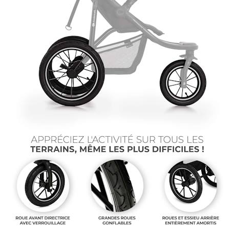 Poussette Tout-Terrain Kinderkraft HELSI 2 avec 3 Roues Gonflables Amorties, Dossier Allongé et Poignée Réglable Gris+Noir 10 - vertbaudet enfant 