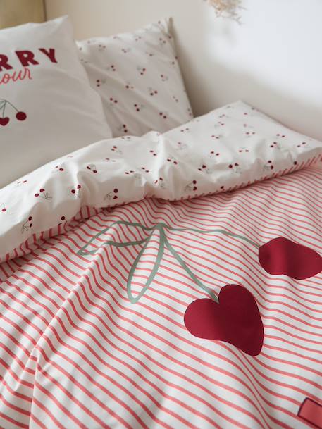 Parure housse de couette et taie d'oreiller CERISES RAYURES avec coton recyclé rayé rouge 2 - vertbaudet enfant 