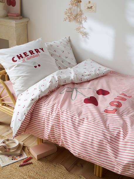 Parure housse de couette et taie d'oreiller CERISES RAYURES avec coton recyclé rayé rouge 1 - vertbaudet enfant 