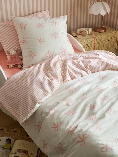 Parure housse de couette et taie d'oreiller NOEUDS avec coton recyclé rose imprimé 1 - vertbaudet enfant 