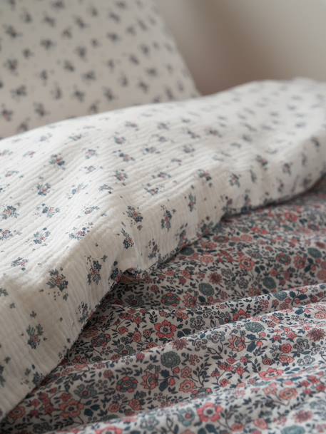 Parure housse de couette et taie d'oreiller en gaze de coton RETRO FLOWERS, avec coton recyclé rose imprimé 3 - vertbaudet enfant 