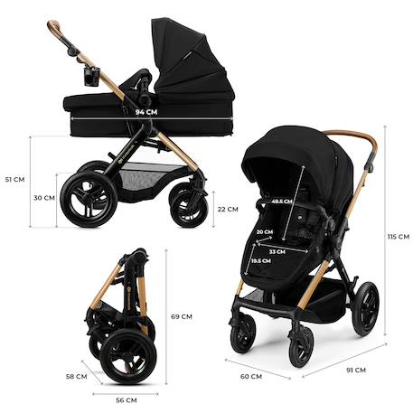 Poussette 3 en 1 Kinderkraft MOOV 2 XL avec Siège 2 en 1 Convertible, Nacelle XL, Roues Gonflables et MINK PRO i-Size Gris+Noir 12 - vertbaudet enfant 