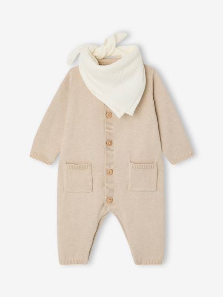 Ensemble bébé combinaison tricot et bandana beige chiné 1 - vertbaudet enfant 