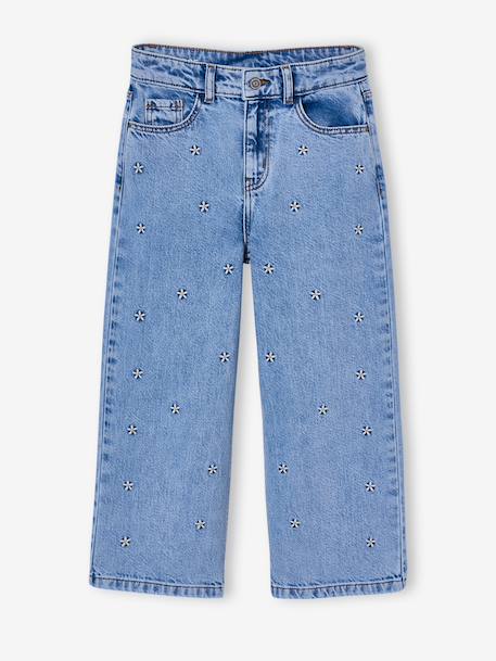 Jean large fille brodé bleu moyen+denim bleached 10 - vertbaudet enfant 