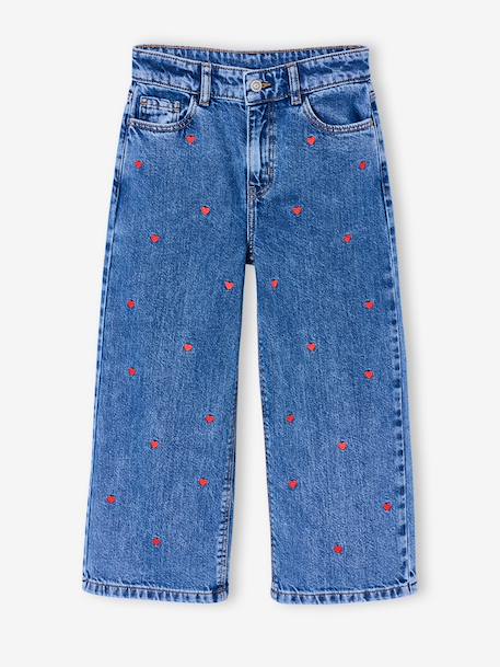 Jean large fille brodé bleu moyen+denim bleached 3 - vertbaudet enfant 