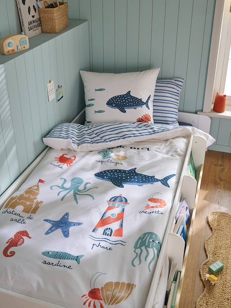 Parure housse de couette et taie d'oreiller enfant EN BORD DE MER blanc imprimé 1 - vertbaudet enfant 