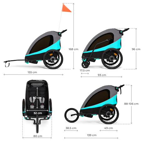 Remorque Vélo NAVA 3 en 1 avec Fonction Poussette Jogging, Roues Gonflables et Suspension Réglable Bleu+Orange 6 - vertbaudet enfant 