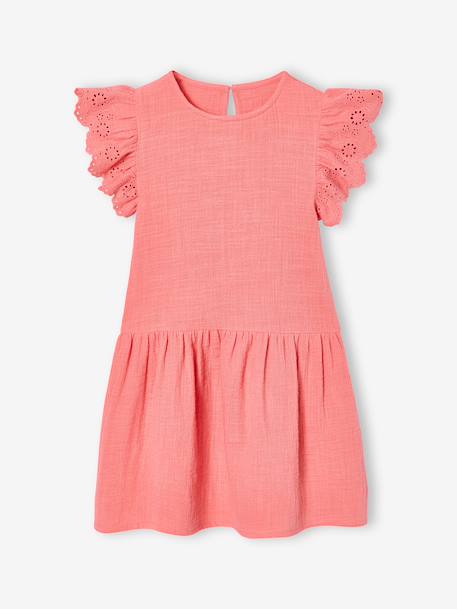 Robe fille gaze de coton manches courtes brodées corail+jaune 3 - vertbaudet enfant 