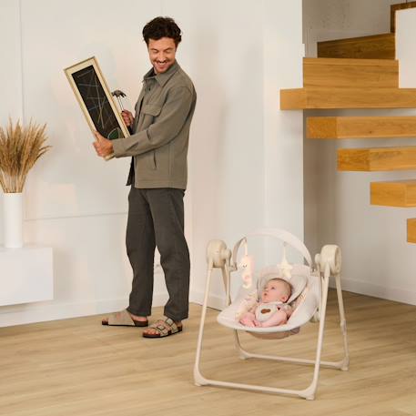 Balancelle-Transat Électrique Kinderkraft SWINGEE avec 5 Vitesses, Pliage Compact, 8 Mélodies et Harnais 5 Points Beige 2 - vertbaudet enfant 
