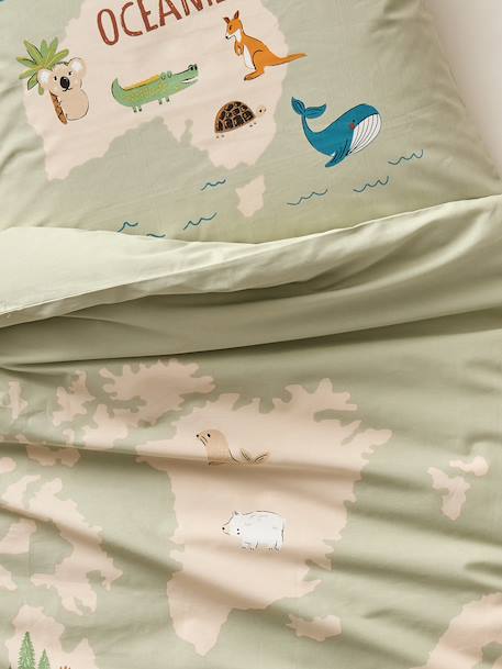 Parure housse de couette et taie d'oreiller TOUR DU MONDE ANIMAUX avec coton recyclé vert sauge 5 - vertbaudet enfant 