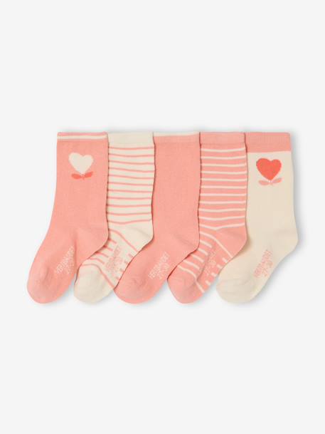 Lot 5 paires de chaussettes coeur fille abricot+bleu chambray 1 - vertbaudet enfant 