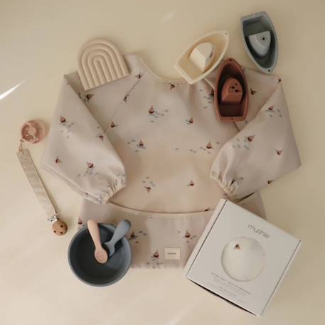 Bavoir bébé à manches longues imperméable – protection repas et activités sans taches Ecru, marron, bleu 5 - vertbaudet enfant 