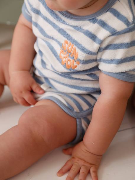 Ensemble bébé tee-shirt + short en éponge bleu grisé+rayé bleu+taupe 16 - vertbaudet enfant 
