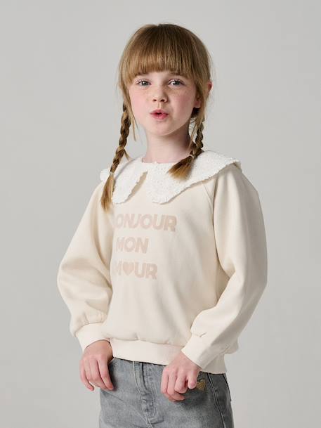 Sweat fille col claudine broderie anglaise écru+gris chiné+mauve+rose pâle+rouge 1 - vertbaudet enfant 
