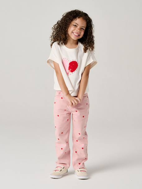 Pantalon mom fille brodé rose poudré+vert de gris 2 - vertbaudet enfant 