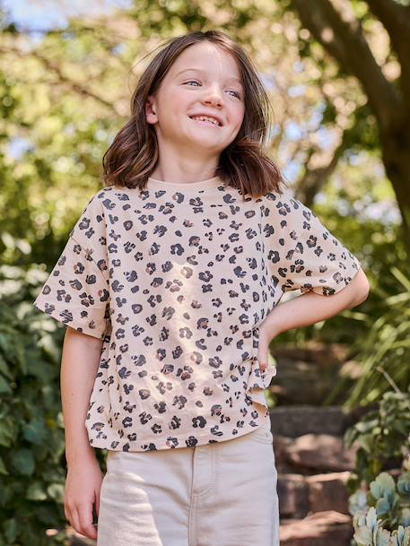 T-shirt fille imprimé manches courtes anthracite+jaune pâle+Léopard+sable 13 - vertbaudet enfant 