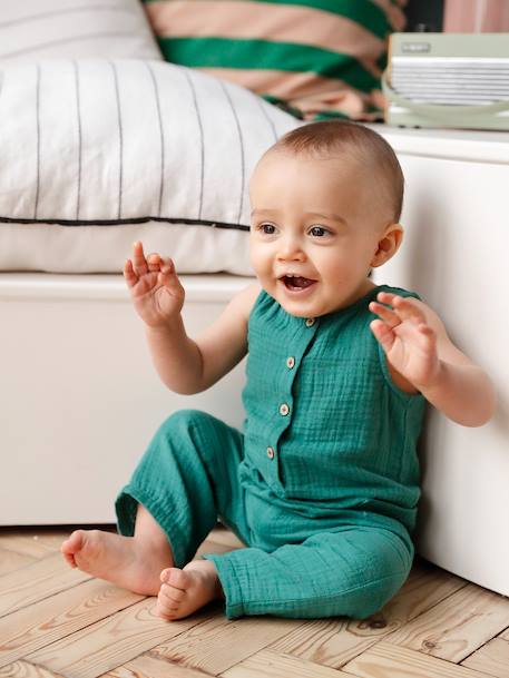Combinaison longue bébé gaze de coton vert émeraude 1 - vertbaudet enfant 