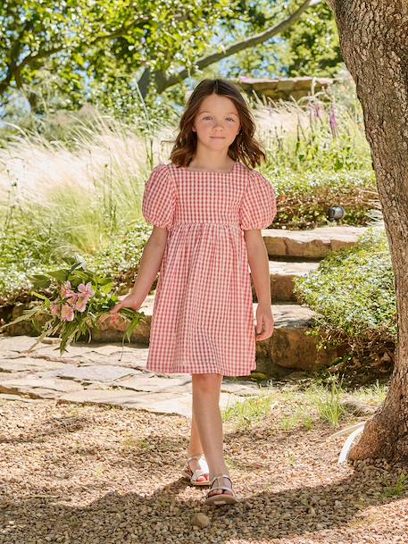 Robe fille Vichy noeuds dos corail 1 - vertbaudet enfant 