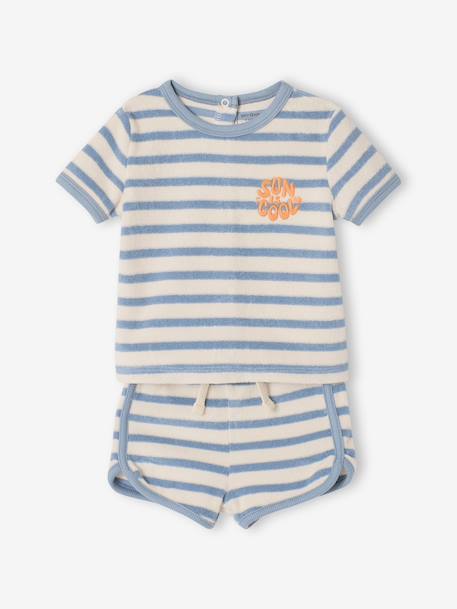Ensemble bébé tee-shirt + short en éponge bleu grisé+rayé bleu+taupe 10 - vertbaudet enfant 
