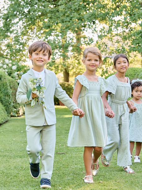 Robe de cérémonie en gaze de coton fille manches en broderie anglaise rose pâle+vert sauge 8 - vertbaudet enfant 